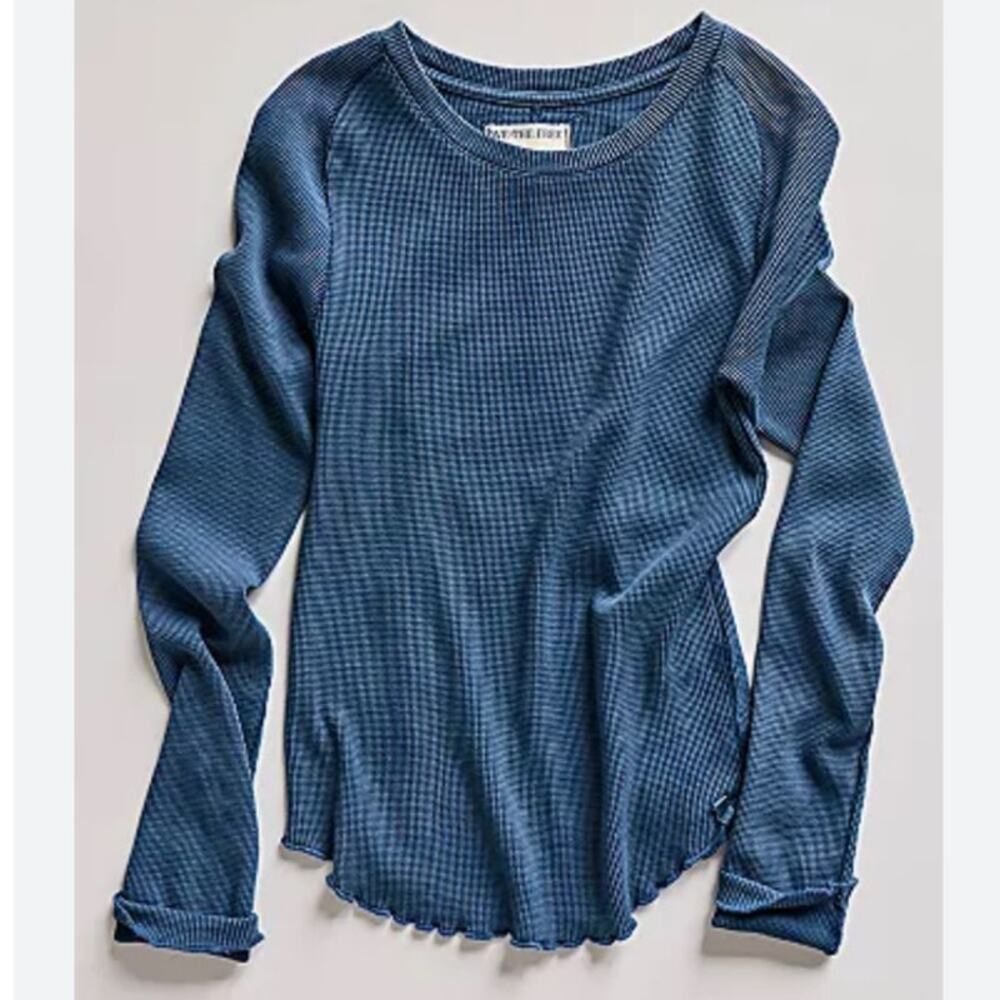 We The Free Blue Long Sleeve Waffle Knit Top